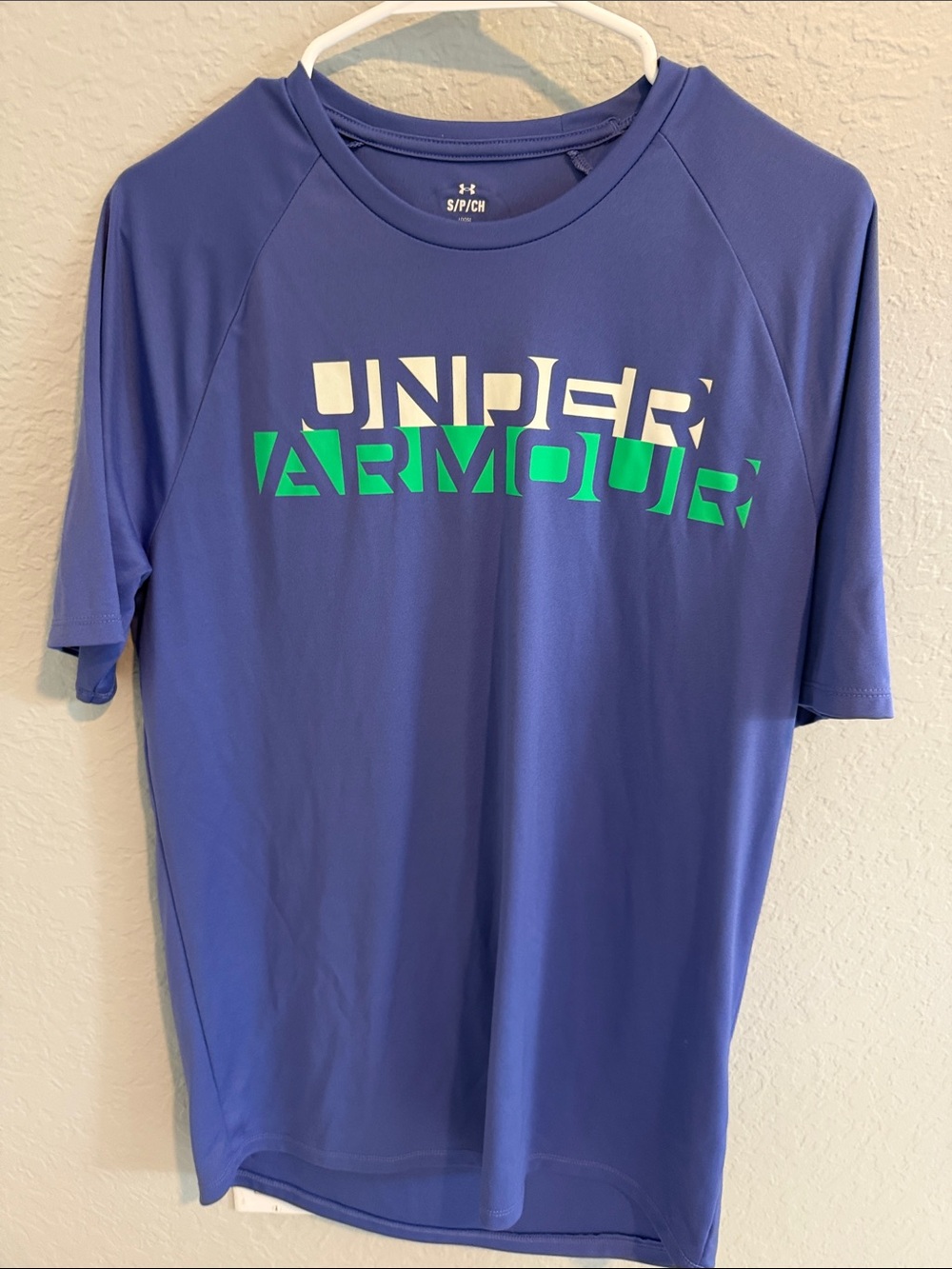 Under Armour Short Sleeve Performance Tee — Blue with Green and White Logo